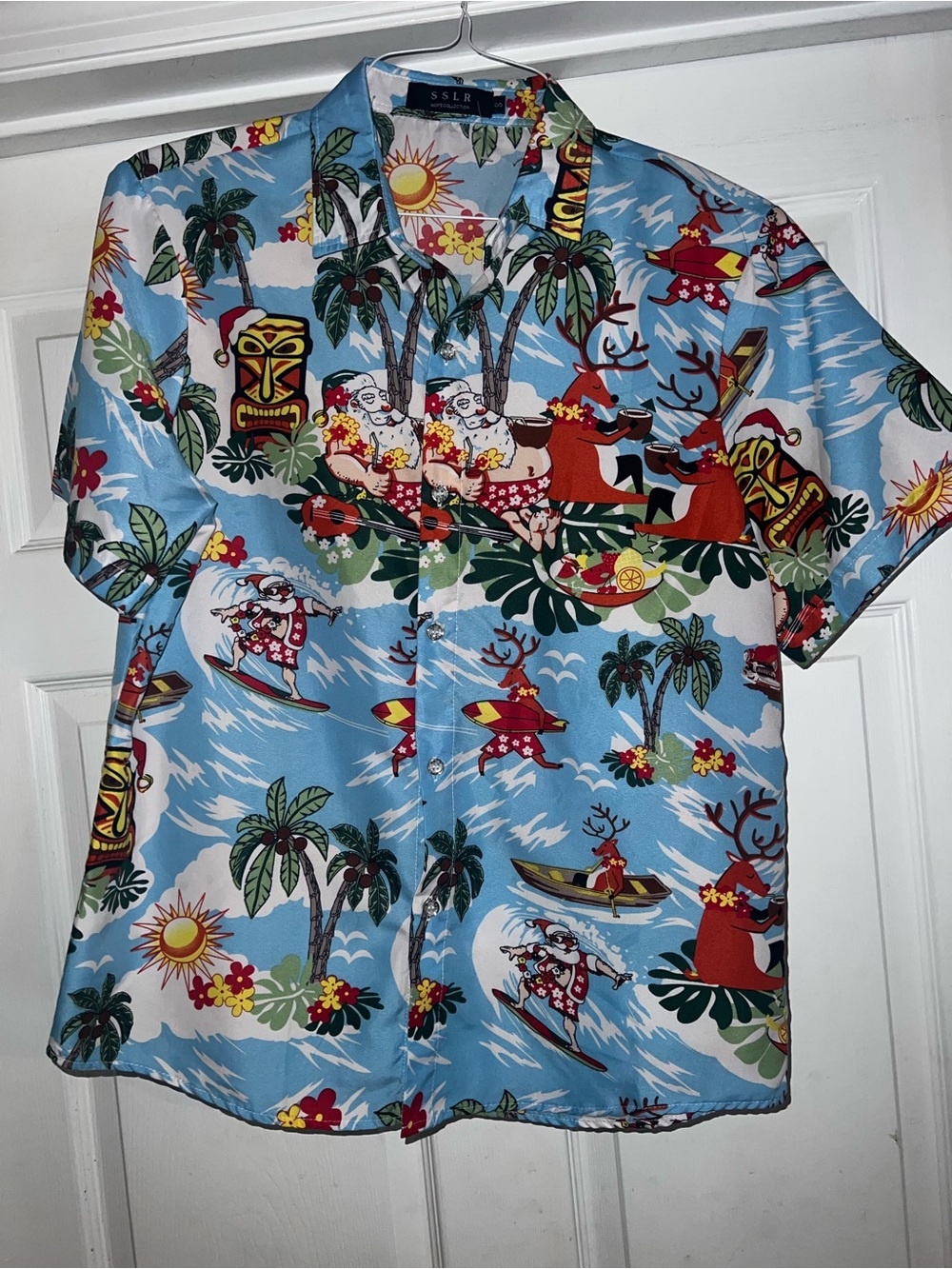 SSLR Light Blue Hawaiian Print Short Sleeve Button-Down Shirt - Christmas